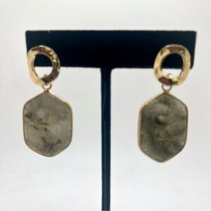 Green Stone Drop Earrings | Gold Tone Geometric Dangle | Natural Stone Look